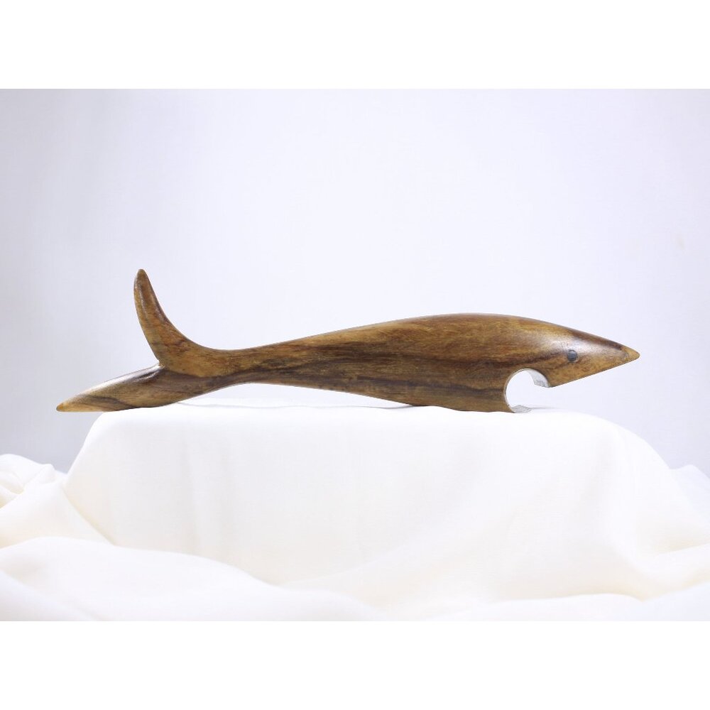 Vintage minimalist olive wood shark bottle opener, Nautical Spanish bar wares,